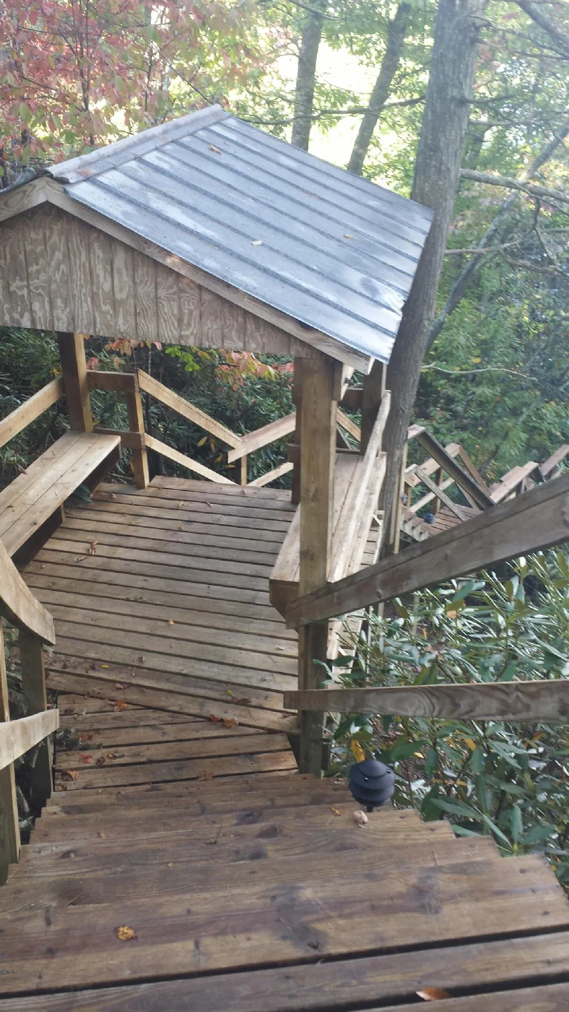 Metal roofed shelter over wooden steps on a wooded walkway — Skylight Repair & Installation work by our crew in Astor